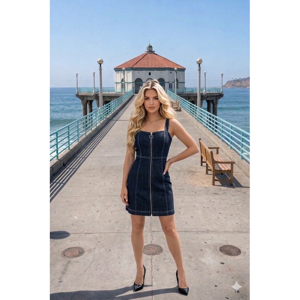 Capulet Dark Wash Denim Zip Front Mini Dress O-Ring Womens Large D403-DI L